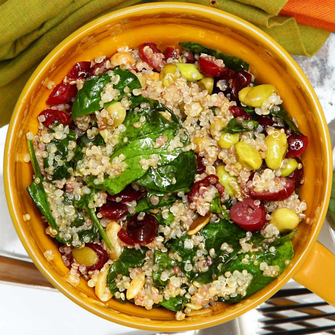 Fall harvest grain bowl with quinoa, roasted sweet potatoes and culinary argan oil